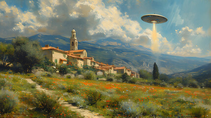 a old painting of a church in the mountains being attacked by a ufo