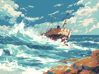 Dramatic Nautical Battleground: Antique Vessel Enduring Fierce Ocean Waves - Concept of Perseverance & Nature's Force