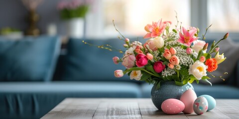 Colorful Flower Arrangement And Easter Eggs Adorn Living Room Table. Сoncept Gardening Tips For...