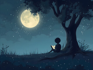 Tranquil Nighttime Reading Under Moonlight - Peaceful Young Adult Lost in Literature by Full Moon, Under Expansive Tree Canopy, Concept of Serenity, Education, and Imagination