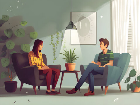 Modern Couple's Cozy Living Room Meeting - Digital Illustration of Man and Woman with Vibrant Houseplants, Home Comfort Concept