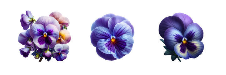 Set of beautiful Pansy Flower, isolated over on transparent white background