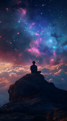 a person sitting on the mountains watching the galaxy