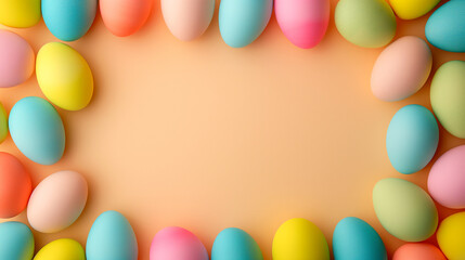 Easter frame made of colorful easter eggs on a light orange background. Pastel colors. Minimal Easter background