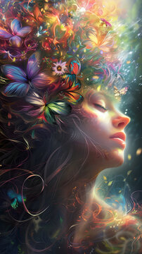 an abstract image pf a woman with flowers as her hair