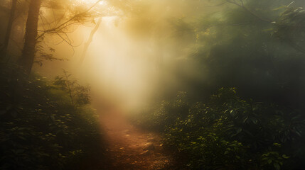 **Capture the ethereal beauty of a misty morning hike, as sunlight breaks through the fog to illuminate the trail ahead, creating an atmosphere of mystery and intrigue 