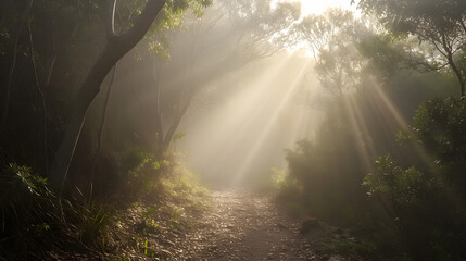 **Capture the ethereal beauty of a misty morning hike, as sunlight breaks through the fog to illuminate the trail ahead, creating an atmosphere of mystery and intrigue.
