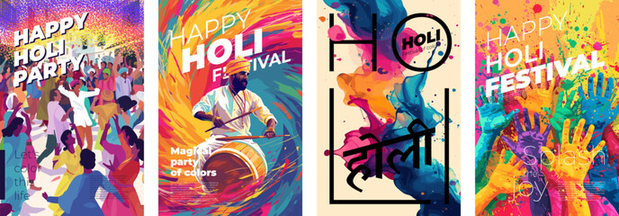 Happy Holi festival of colors poster. India traditional holiday print. People fun with abstract colorful powder splashes. Indian national color festive trendy art placard. Hindu text translation Holi