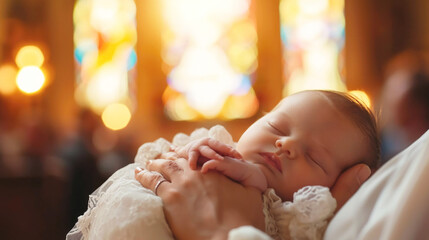 Newborn cradled in arms, soft innocence, close-up. Baptism, sacrament, faith. Church interior, soft daylight. Copy space. - obrazy, fototapety, plakaty