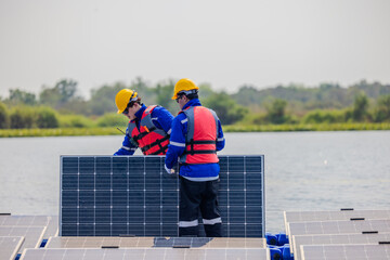 Technicians check floating solar farm wiring, polarity, and grounding for reliability and safety