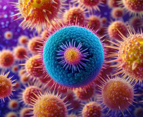 group of viruses cells surrounded by a purple background. The viruses are of varying sizes and are colored blue, yellow, and orange. Some of the viruses are surrounded by spiky red structures.