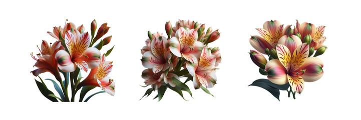 Set of beautiful Alstroemeria Flower, isolated over on transparent white background