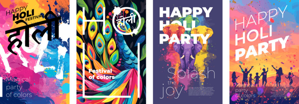 Happy Holi spring festival of colors poster. Indian tradition holiday print. People joy with abstract colorful powder splashes. India national color festive art placard. Hindu text translation Holi