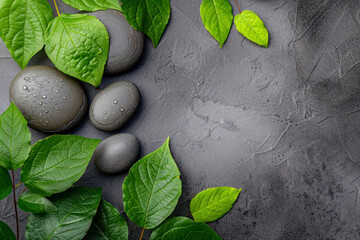 Obraz na płótnie Canvas Spa stones and leaves on grey background.