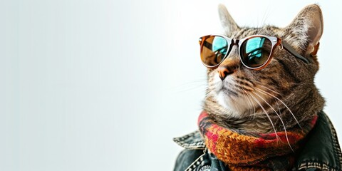 Cool Looking Cat In Fashionable Clothes On White With Copy Of The Space. Сoncept Fashionable Cat, Cool Clothes, White Background, Space Copy