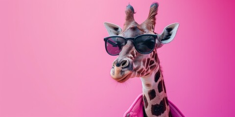 Cool Looking Giraffe In Fashionable Clothes On Pink With Copy Of The Space. Сoncept Fashionable Giraffe, Pink Background, Space-Themed, Cool Outfit