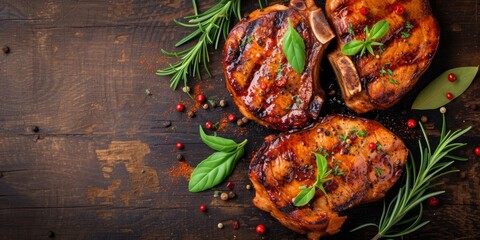 Delectable Grilled Pork Steaks Adorned With Spices On Rustic Wooden Surface, Ideal For Text. Сoncept Spectacular Sunsets, Majestic Mountain Peaks, Tranquil Beaches, Lush Forests, Urban Architecture