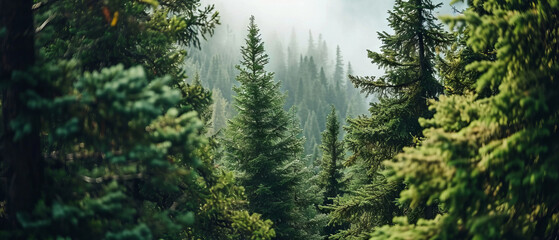 Lush green conifers in a dense, misty forest landscape - obrazy, fototapety, plakaty