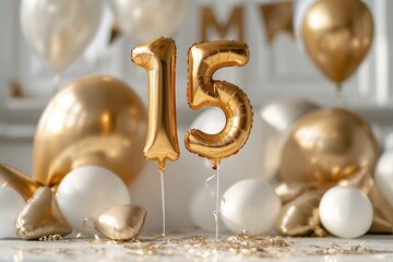 15. Geburtstag, "15" aus goldenen Heliumballons vor festlichem Hintergrund, Quinceañera 