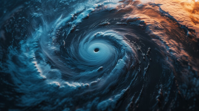 Aerial view of a powerful hurricane with a distinct eye, showcasing nature's fury suitable for environmental themes or background with space for text