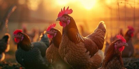 Flock Of Hens Basking In The Soft Glow Of Sunset. Сoncept Golden Hour Hen Gathering, Sunset Serenade With Hens, Charming Poultry Portraits, Rustic Farmyard Feathers
