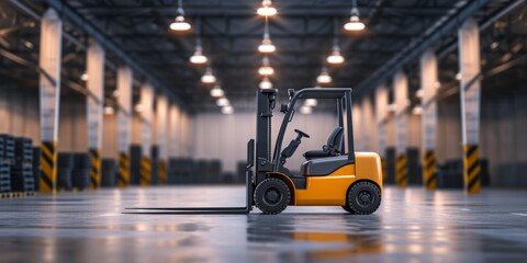 Forklift Truck In Warehouse With Industrial Backdrop And Space For Text. Сoncept Industrial Warehouse, Forklift Truck, Industrial Backdrop, Space For Text - obrazy, fototapety, plakaty