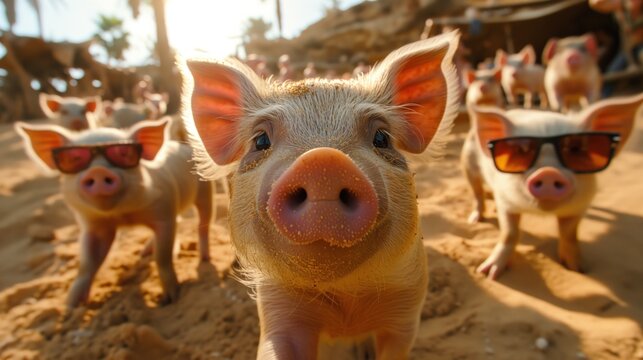 funny piglets on the beach