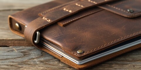 Leather Notebook With Pen Slot And Pockets For Business Cards And Essentials. Сoncept Leather Notebook, Pen Slot, Business Card Pockets, Essentials Pockets