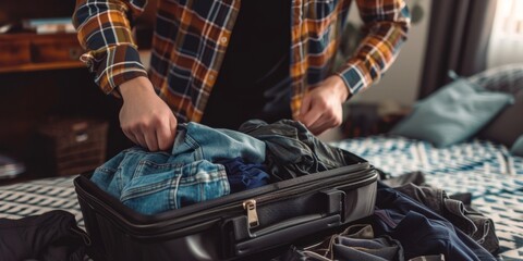 Man Packing Clothes In Suitcase For Travel, Focusing On Organization And Preparation. Сoncept Travel Essentials, Packing Tips, Organized Suitcase, Travel Preparations, Efficient Packing