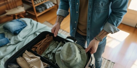 Man Packing Clothes In Suitcase For Travel, Focusing On Organization And Preparation. Сoncept Packing Tips, Travel Organization, Suitcase Essentials, Travel Preparation, Efficient Packing