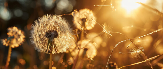 A pair of dandelion seed heads, capturing the warm glow of a setting sun