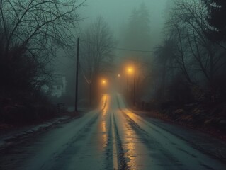 wet city street in night fog