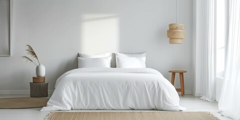 Minimalist Bedroom Setup With Clean White Bed And Matching Accessories. Сoncept Minimalist Home Office Design With Sleek Furniture And Natural Lighting