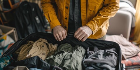 Man Packing Clothes In Suitcase For Travel, Focusing On Organization And Preparation. Сoncept Packing Tips, Travel Essentials, Organization Hacks, Efficient Suitcase, Preparation Checklist