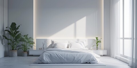 Minimalist Bedroom Setup With Clean White Bed And Matching Accessories. Сoncept Minimalist Design, Clean White Bed, Matching Accessories, Bedroom Setup