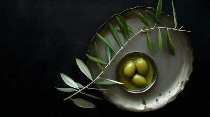 Elegant minimalistic still life of olives in a ceramic bowl. artistic dark food photography with natural elements. perfect for modern kitchen decor. AI