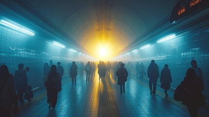 walking crowd through a tunnel with illumination