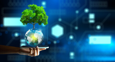 Man hand holding smartphone with Technology Economic. Tree growing on crystal ball and abstract...