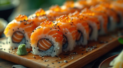 row of salmon sushi rolls, topped with bright orange roe and green herbs, is presented on a...