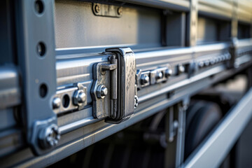 Close-Up of a Secure Truck Latch Mechanism, Macro shot of a metal truck latch mechanism, highlighting the details and textures of security in transportation.