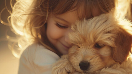 A heartwarming moment of a child hugging a fluffy puppy, their eyes filled with joy and innocence
