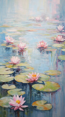 Water lilies painting flower painter watercolor oil pastel, Claude Monet, three paintings, photo printing, print, interior, art, retro, mural, vintage background impressive lily lotus - generative AI - obrazy, fototapety, plakaty