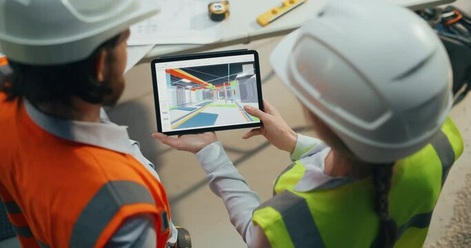 Construction and Site Managers Having a Meeting at a Construction Site. Specialists Using Tablet Computer to Demonstrate the Visualization of a 3D Virtual Building Plan from Inside