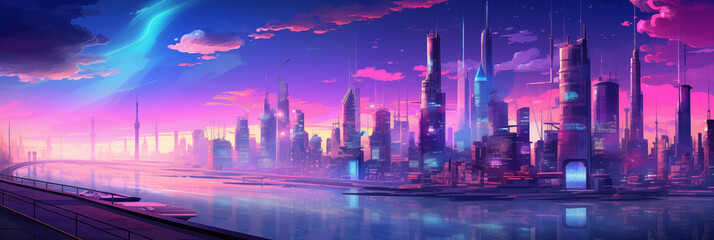 Fototapeta premium Sunset Glow Over Futuristic Neon Cityscape