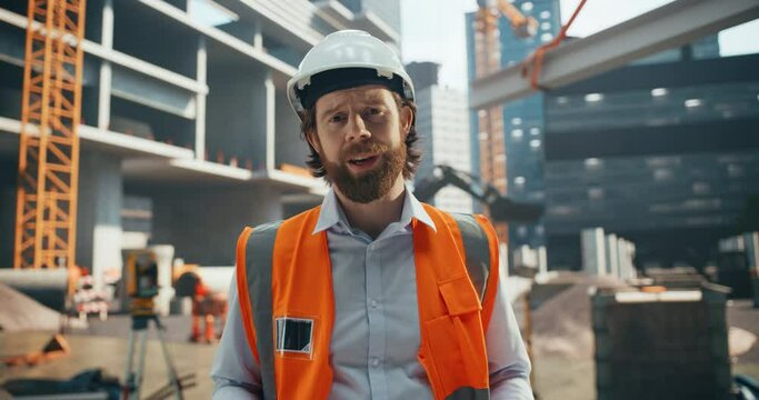 Portrait of a Happy Successful Civil Engineer Standing in a Construction Site, Talking on Camera, Smiling. Playback Template for TV or Computer Screen or a Video Call Concept for a Smartphone