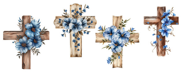 Set of floral crosses. Easter border, christian banner. Watercolor hand drawn Easter cards, for Christian prints, religious publications - obrazy, fototapety, plakaty