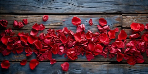 Romantic Red Rose Petals On Rustic Wooden Background For Valentines Day. Сoncept Valentine's Day, Romantic Red Roses, Rustic Wooden Background, Rose Petals