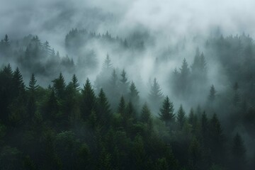 Misty pine forest with ethereal fog, ideal for backgrounds and nature themes. captivating and serene woodland scene. AI