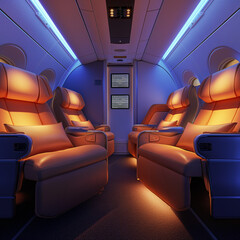 Orange seats on the plane with LCD screens in the luxury cabin. , ai generated.