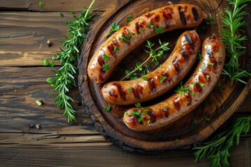 Savory Grilled Sausages Seasoned With Aromatic Herbs On Rustic Wooden Surface. Сoncept Delicious Bbq Party, Grilled Sausage Platter, Rustic Food Photography, Aromatic Herb Seasoning